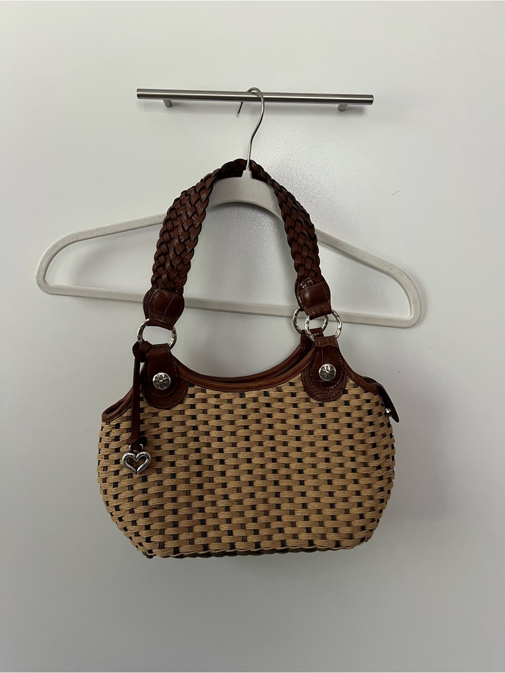 Woven Straw Shoulder Bag with Brown Leather Trim